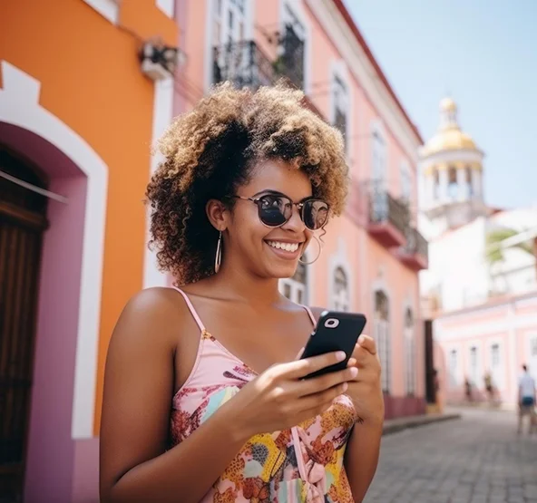 Mujer usando el móvil para enviar una recarga a Cuba