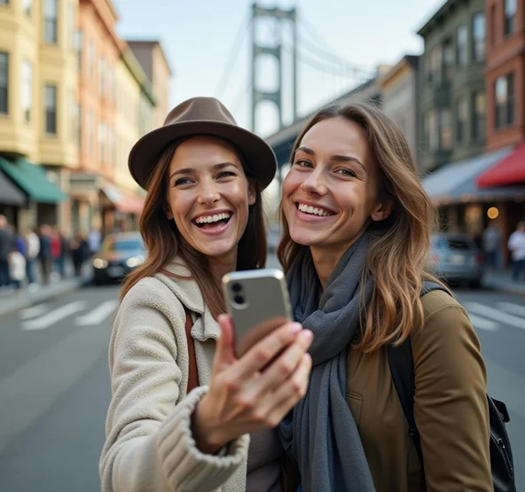 Dos mujeres usando el móvil con eSIM durante un viaje a Estados Unidos